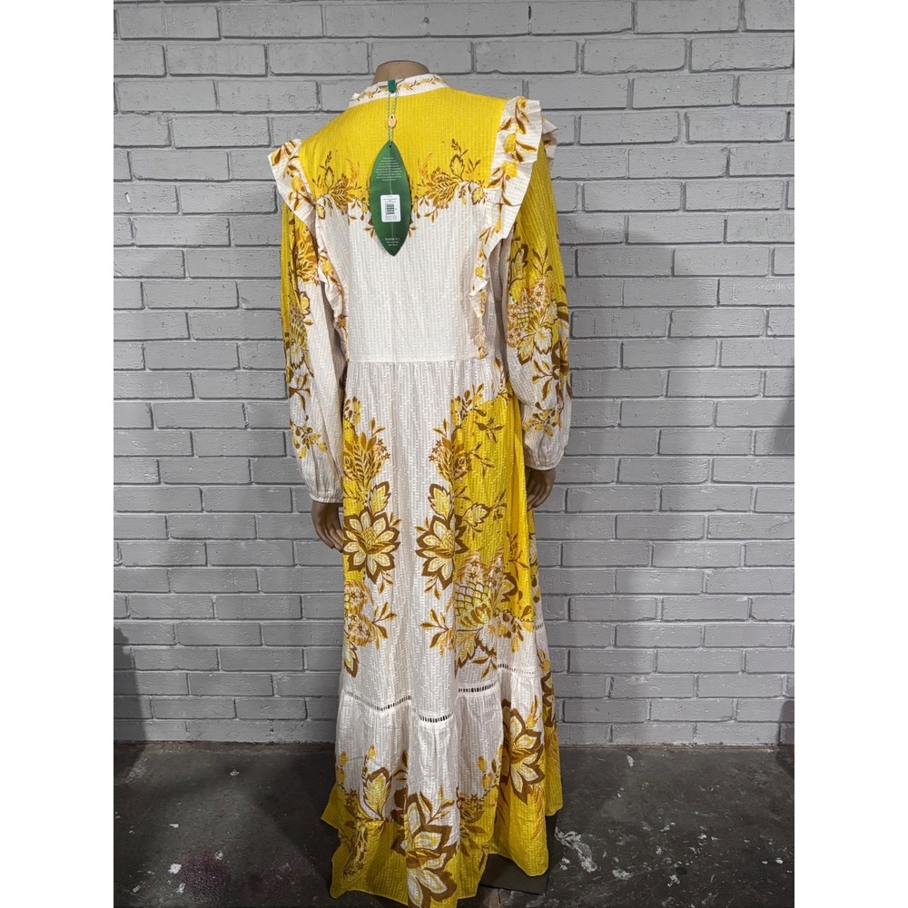 Farm Rio Aura Floral Maxi Dress Yellow Cream Ruffle Button Front Boho XL NEW - Picture 16 of 16